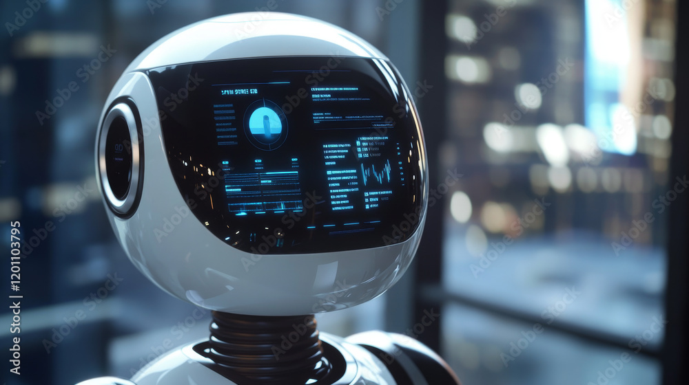 Poster robot chatbot with digital screens dashboards with data graphics isolated realistic customer service