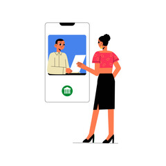 Female Bank Client Interacting With Male Bank Consultant On Mobile Screen In Flat Vector Illustration Symbolizing Online Banking Services And Digital Transactions, Isolated