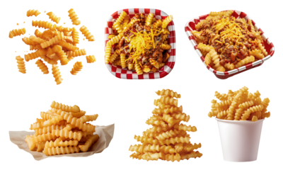 Crinkle cut wavy potato french fries fry, many angles view side top front pile, paper bucket, food tray, chili cheese, fly scattered on transparent cutout PNG. Mockup template for artwork design	
