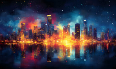 Fiery city skyline, night, reflection, burning buildings, artwork