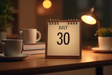 A calendar page flipping to July 30, set in a cozy desk scene.