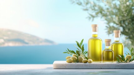 Obraz premium A serene scene featuring olive oil bottles and olive branches, set against a tranquil seaside backdrop.