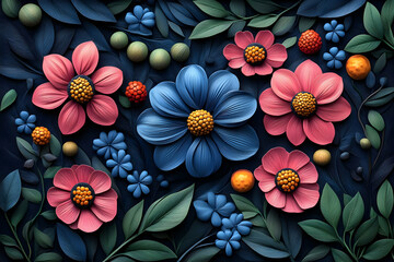 Dark floral 3D art print, textured background