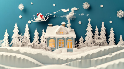 Christmas paper cut winter house, Santa on sleigh and forest landscape. Xmas holiday, New Year celebration paper cut backdrop or 3d vector banner with Santa Claus flying on reindeers, Christmas tree