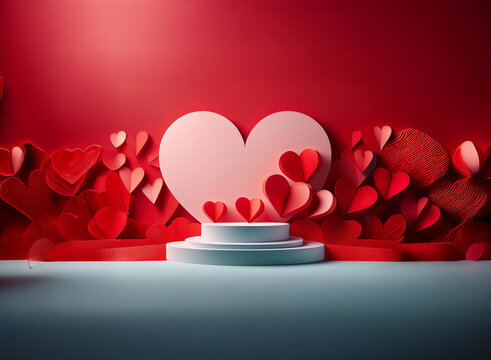A romantic scene featuring a large heart shape and many smaller hearts in red and pink tones, set against a red background.  A white podium sits in the foreground, ready for a product or message.