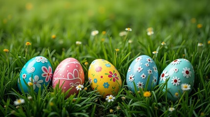 Colorful decorated Easter eggs with floral patterns placed in fresh green grass with daisies and sunlight. Easter celebration and spring holiday concept