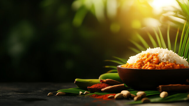 South Indian Puttu rice cake and kadala curry, styled with banana leaves and spices, [Traditional Indian breakfast, aromatic flavors]