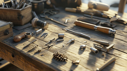 Handyman or furniture maker profession, worker and frame of work tools. Vector repairman with drill, woodwork pliers assembling modular shells. Work instruments of house repair, building, construction