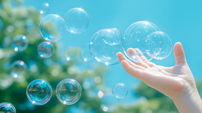 A hand releases cascade of iridescent soap bubbles into the bright sunny sky
