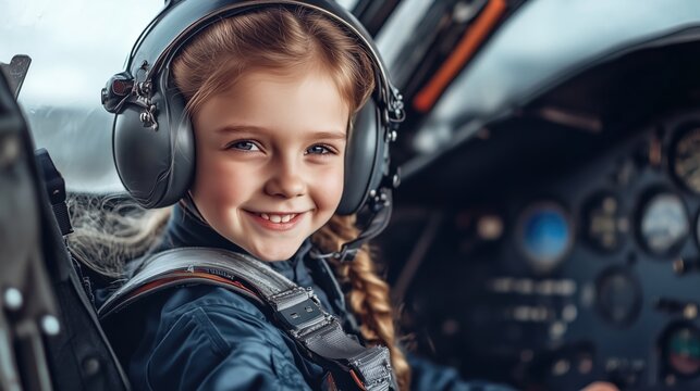 A young girl, dressed in a pilot uniform and helmet, sits proudly in the cockpit.