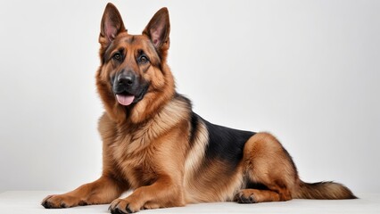 Red and black german shepherd dog on grey background