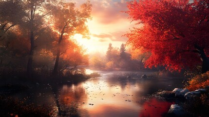 Obraz premium Autumn Sunset River Scene With Colorful Trees And Birds
