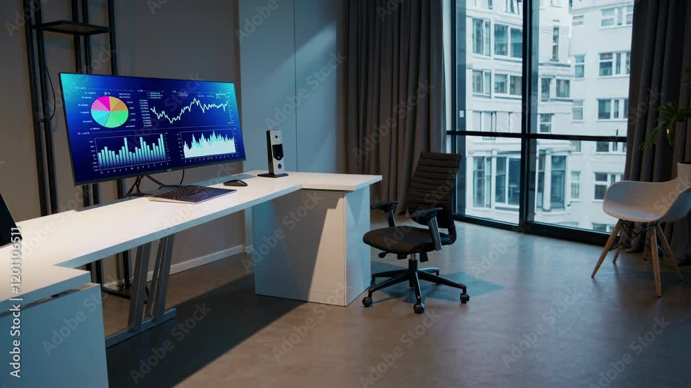 Fototapete Modern workspace design featuring a sleek desk and large dual monitor setup for productivity
