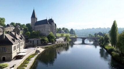 Fototapeta premium Scenic view of a river with a castle and bridge in a lush landscape.