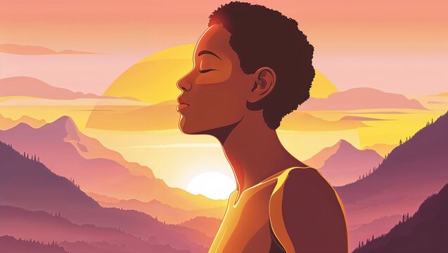 Woman meditating peacefully at sunrise in the mountains for World Health Day - Powered by Adobe