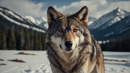Naklejka premium Majestic grey wolf in a snowy mountain landscape. A powerful and captivating wildlife portrait.