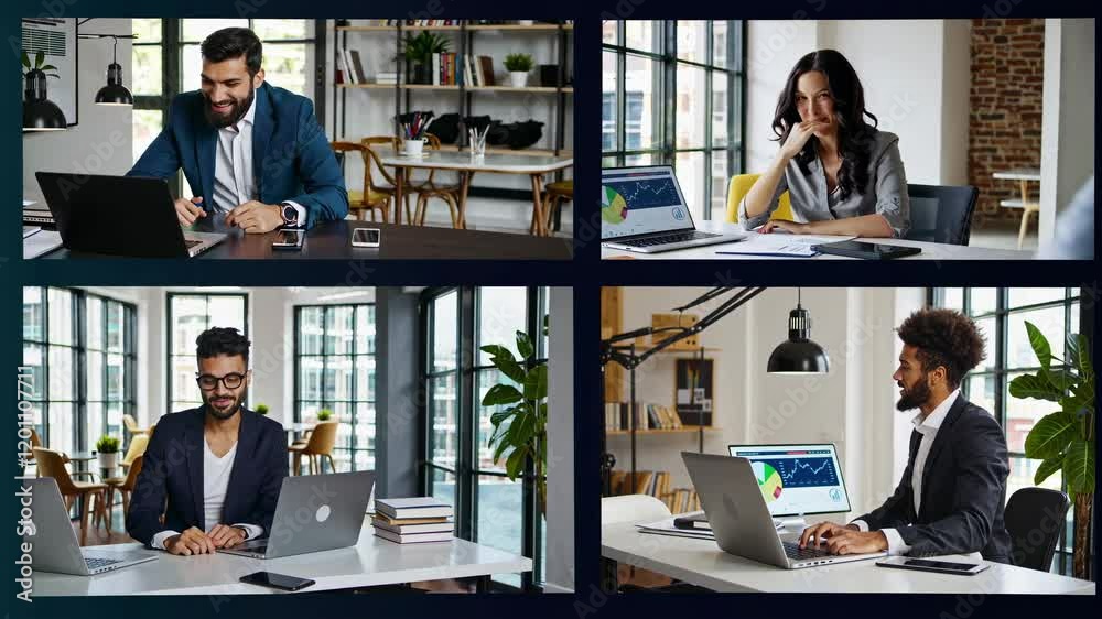 Poster remote professionals collaborating in a modern office setting with laptops and creative designs