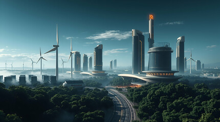 A futuristic city powered by glowing wind turbines and solar panels,