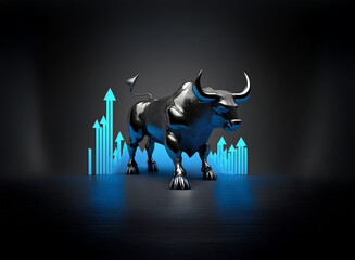 A powerful metallic bull stands proudly amidst glowing blue upward-trending arrows, symbolizing financial growth and market strength.