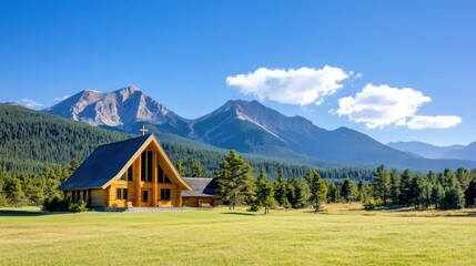 Obraz premium Mountain Log Cabin in a Green Field