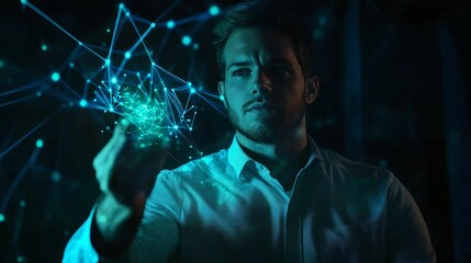 Fototapeta premium Man interacts with glowing digital network.