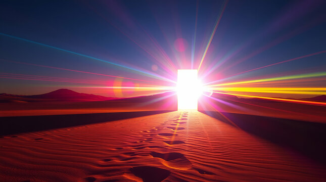 A glowing doorway in an empty desert leads to a vibrant creative world