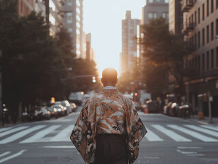 Fototapeta premium A man in dark skinny jeans and a plain shirt, wearing a short kimono jacket with bold, traditional patterns. Cross-culture background.