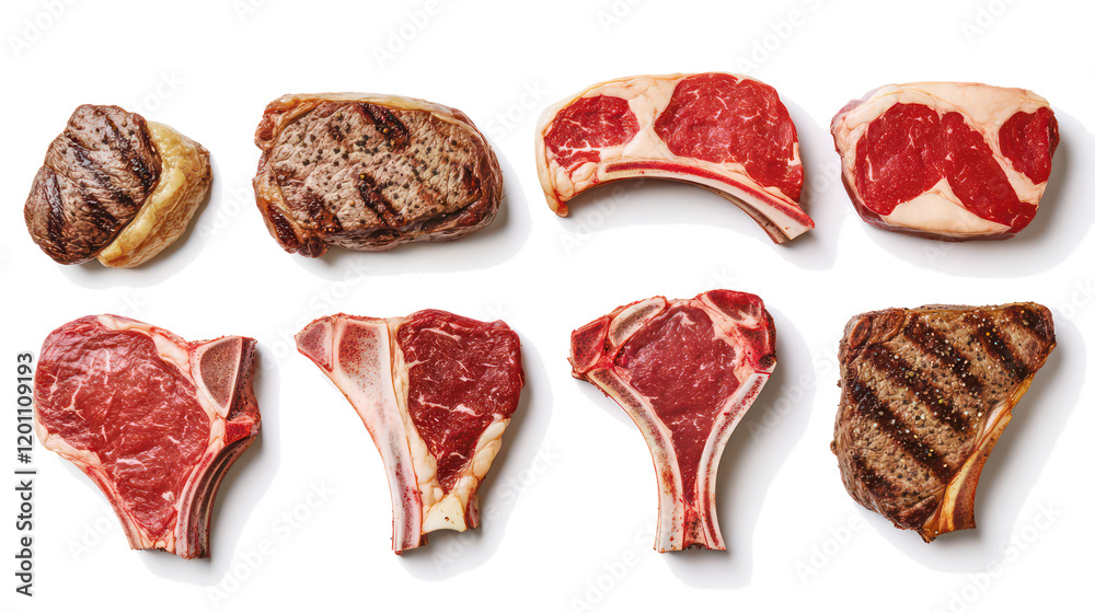 Poster different types of raw steaks displayed from above generative ai