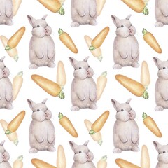 Fototapeta premium Seamless Rabbit Pattern With Carrot. High quality watercolor illustration. Can be used as a design for children's rooms, sticker, wallpaper. Ideal for packages, printing textiles and tableware.