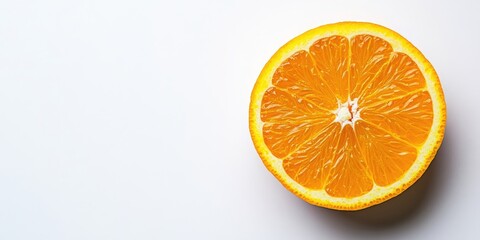 Fototapeta premium Close-up of a vibrant orange segment positioned on the upper left against a bright white background highlighting its juicy texture and color depth.