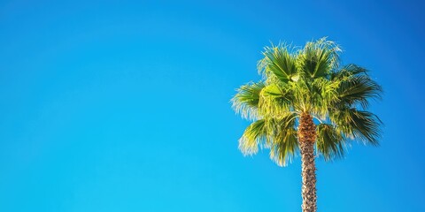 Lush green palm tree with bright fronds against a clear blue sky creating an inviting tropical atmosphere with vibrant colors and clarity.