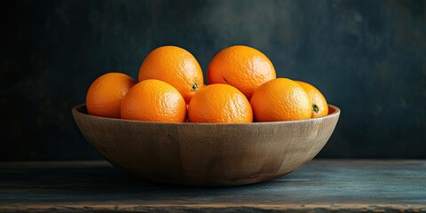 Fresh oranges arranged in a wooden bowl on a dark textured background with warm orange tones highlighting their vibrant color and smooth surface.