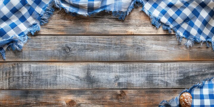 Oktoberfest backdrop with blue and white checkered fabric draped over rustic grey wooden planks creating ample copy space for text or visuals.