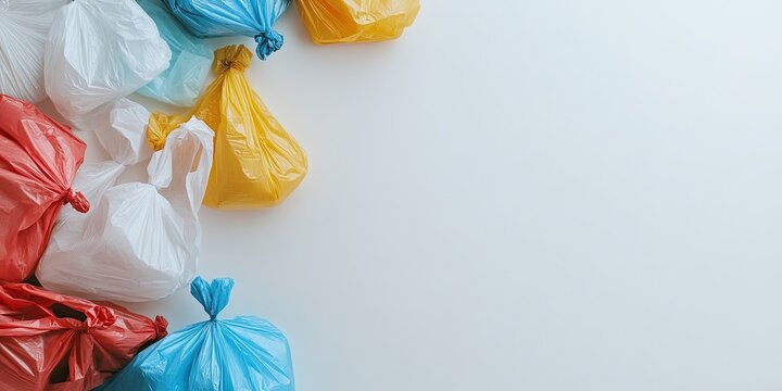Colorful plastic bags in red blue yellow and white positioned at the top left on a white background emphasizing plastic waste and environmental concern