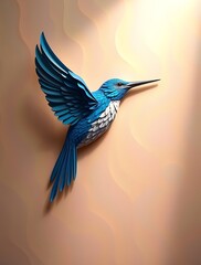 Obraz premium A stylized paper-cut bird in flight, featuring intricate layers of blue and white, against a soft, textured background.