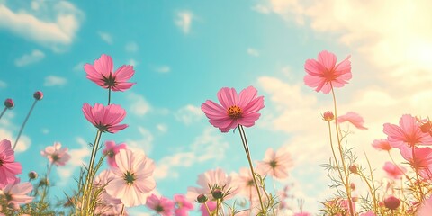 Vibrant pink cosmos flowers blooming in a sunny garden against a bright blue sky with fluffy clouds creating a cheerful summer atmosphere