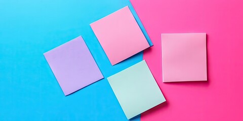 Colorful arrangement of pastel sticky notes in pink and blue with two pink notes top left, one light green bottom left, and one lavender top right.