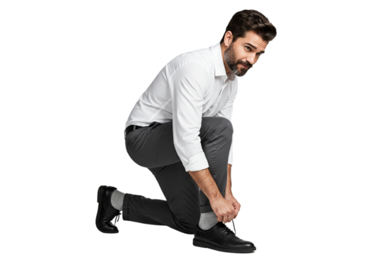 Businessman Kneeling Tying Shoe Modern Style Elegant Professional Attire Man Tie Work Gray Suit Male