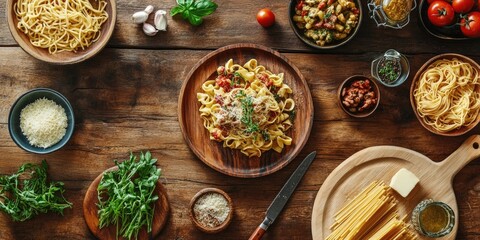 Rustic wooden table with top view of pasta dishes including fettuccine and spaghetti, surrounded by fresh herbs, tomatoes, and condiments.