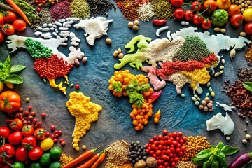 Fototapeta premium Global Cuisine Map: A Macro View of Diverse Food Ingredients
