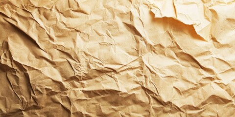 Crinkled beige paper texture background with prominent wrinkles and creases creating a visually dynamic surface ideal for design and art projects.