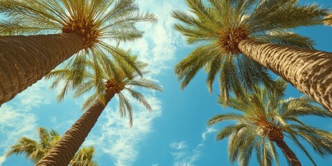Fototapeta premium Majestic palm trees viewed from below against a bright blue sky with fluffy clouds creating a serene vacation vibe ideal for leisure themes.