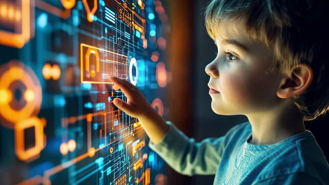 A boy programmer learns about quantum computing platforms, experimenting with quantum circuits and algorithms for futuristic computing