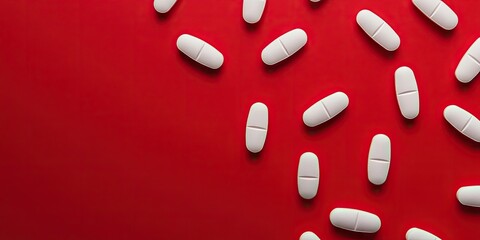 White pills scattered on a vibrant red background with ample empty space for text in the lower right corner representing a medical concept.