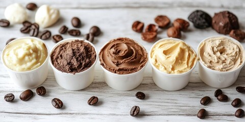 Fototapeta premium Assorted natural skincare butters in white cups arranged on a rustic wooden surface with coffee beans scattered, featuring shades of cream, brown, and beige.
