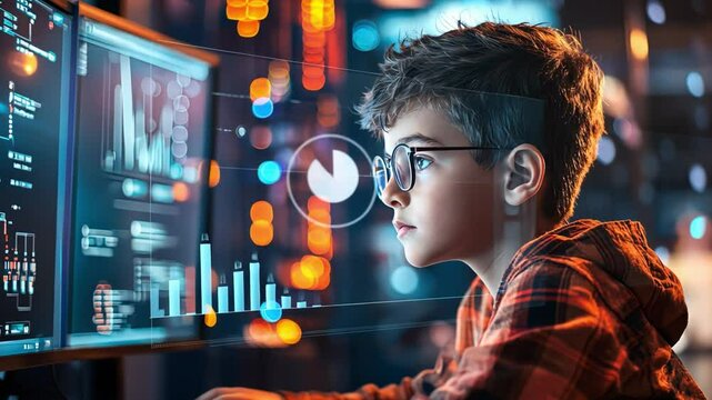A boy programmer learns about quantum computing platforms, experimenting with quantum circuits and algorithms for futuristic computing
