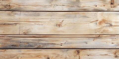 Fototapeta premium Wooden plank texture background featuring light brown tones with natural knots and grain patterns, horizontal alignment provides ample empty space for overlay.