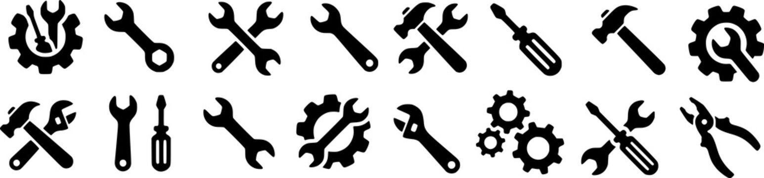 Tools and Service icons set. Wrench, screwdriver and gear icon. Screwdriver and wrench glyph icon. Settings and repair, service sign - stock.