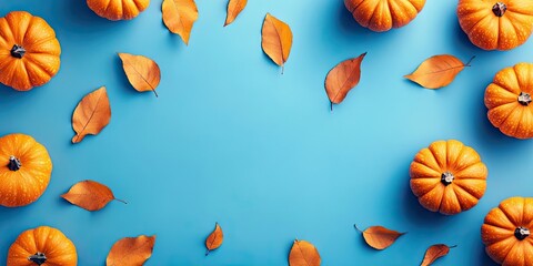 Vibrant orange pumpkins arranged with autumn leaves on a bright blue background creating a spacious web banner layout for text placement
