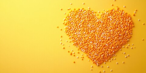 Heart shape made from orange and yellow pea groats on vibrant yellow background with scattered peas creating a bright summer cuisine concept